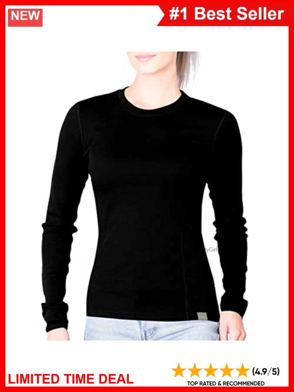 100% Merino Wool Midweight Long Sleeve Thermal Base Layer Crewneck Top